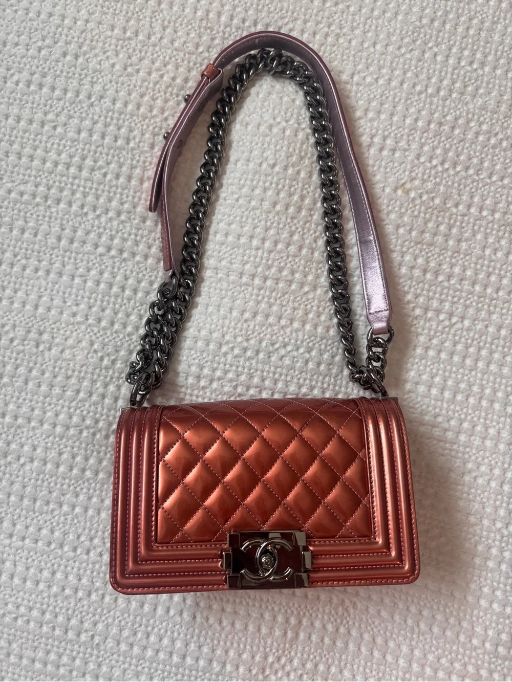 CHANEL Metallic Quilted Shoulder Bag in Rose Copper